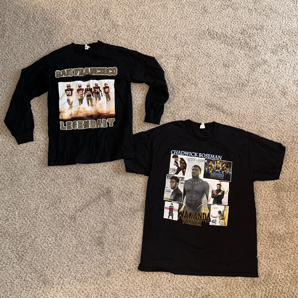 Two men’s shirts: 49ers and Chad Boseman